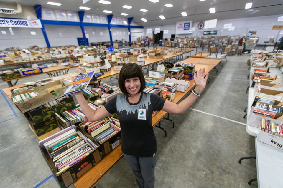 Susan Danard at the Times Colonist Book Drive in the Victoria Curling Club on Saturday, April 27, 2019. It was her stories on school library funding cuts that led to the creation of the annual book drive.