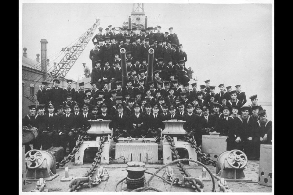 Crew of HMCS Athabaskan. The destroyer was torpedoed on April 29, 1944, killing 128 sailors. Photo courtesy of Royal Roads University