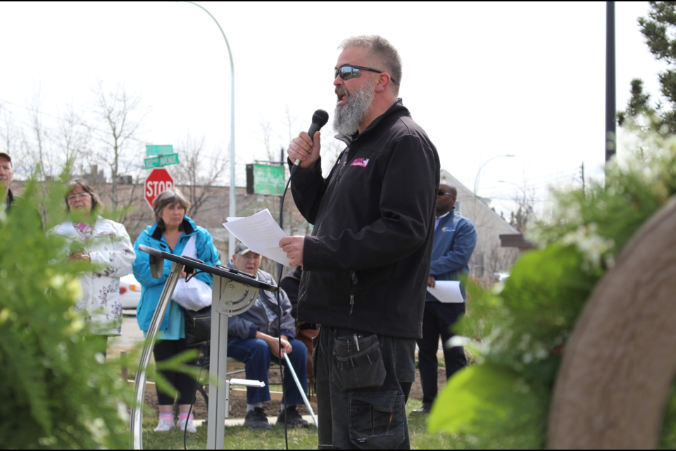 CUPE Local 4203 president Cory Longley speaks at the ceremony.