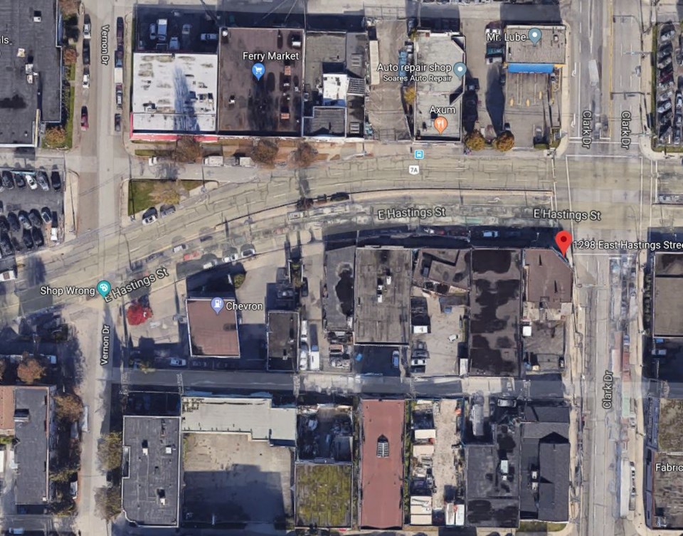 Google satellite view of existing buildings along East Hasings near Clark Drive.