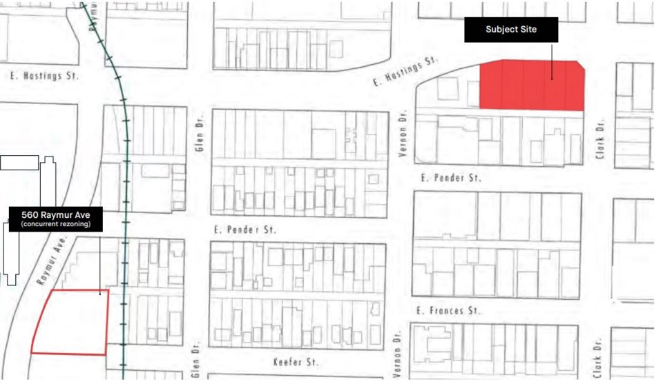 Context map showing locations of the developments proposed for both the East Hastings and the Raymur