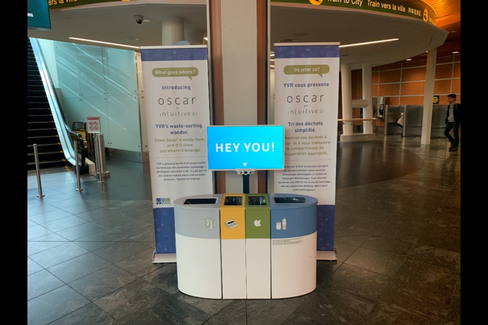 Oscar, an artificial intelligence enabled waste bin helps visitors sort their trash at YVR. Photo: Submitted