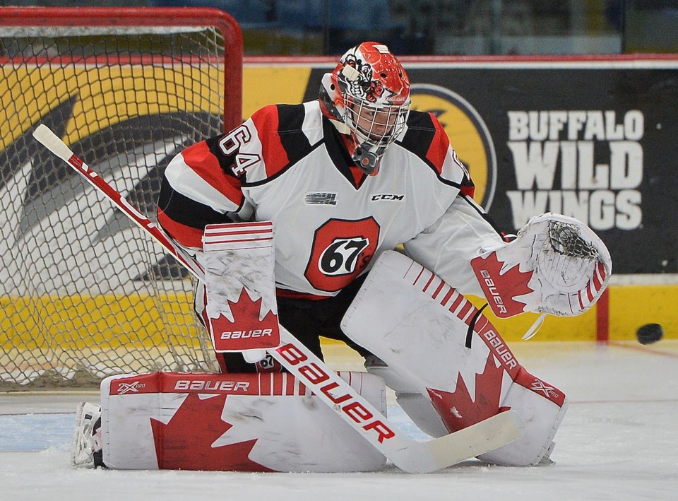 Michael DiPietro makes a stop for the Ottawa 67's of the OHL.