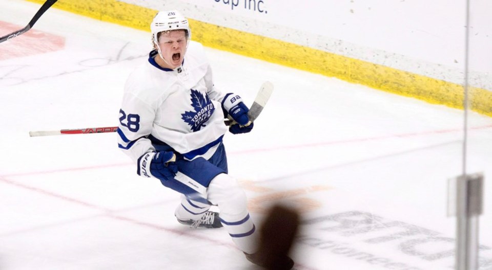 Kasperi Kapanen celebrates a goal for the Toronto Maple Leafs.