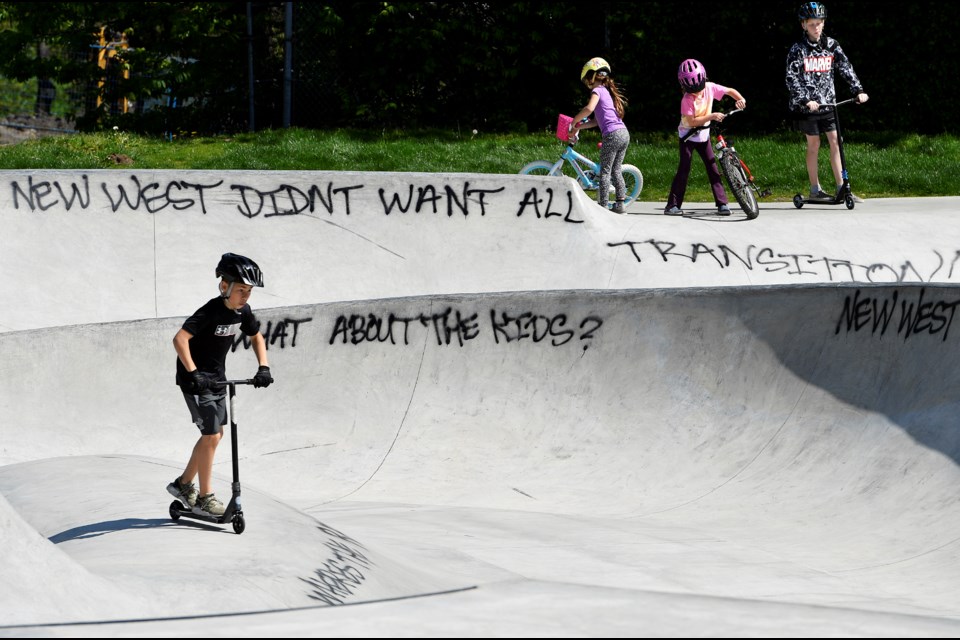 Vandals painted graffiti on New Westminster's new skate park on the weekend. The city has referred the issue to the New Westminster Police Department.