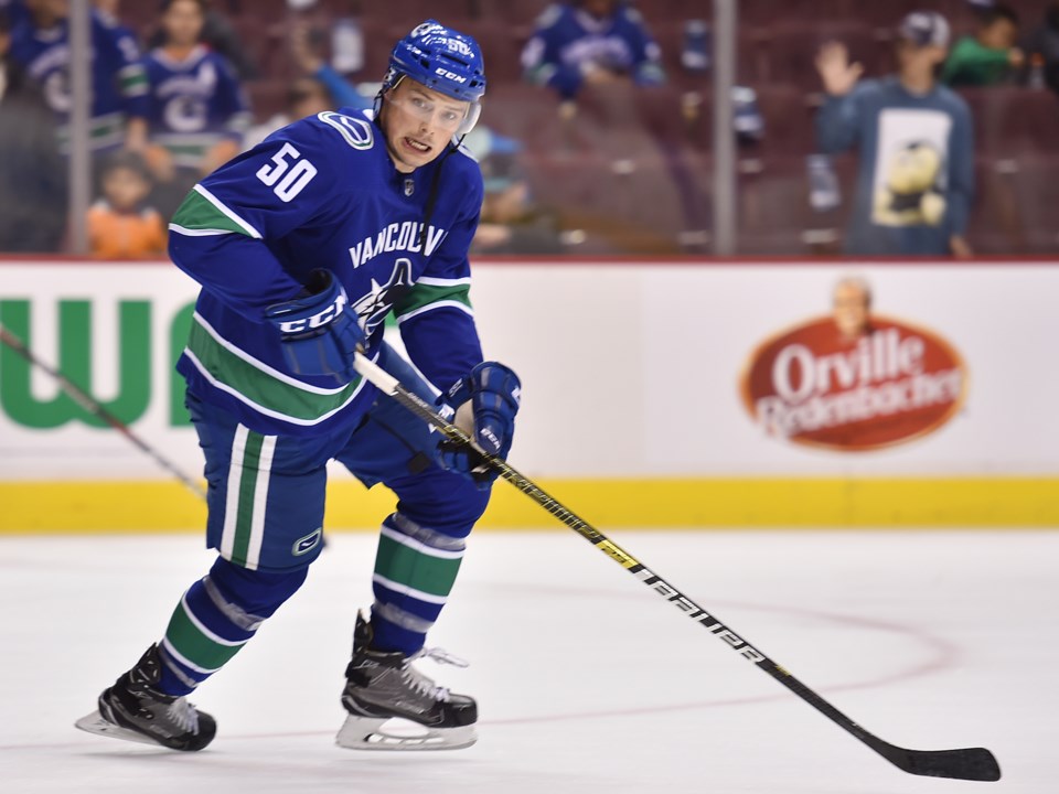 Brendan Gaunce skates up ice for the Vancouver Canucks during the 2018 preseason.