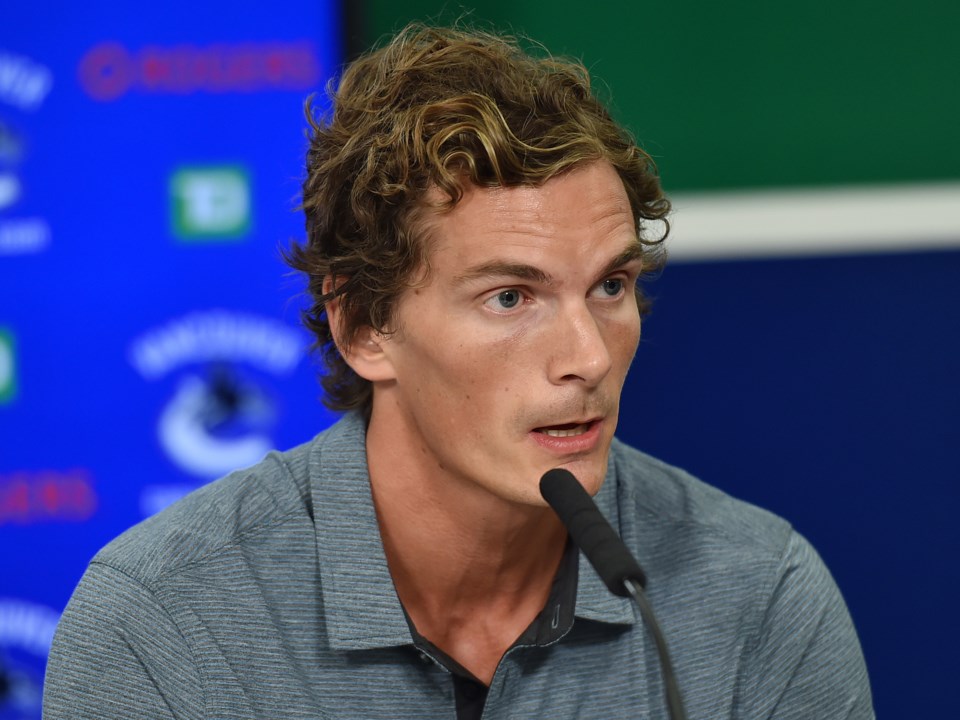 Loui Eriksson answers questions at Canucks media day 2018.