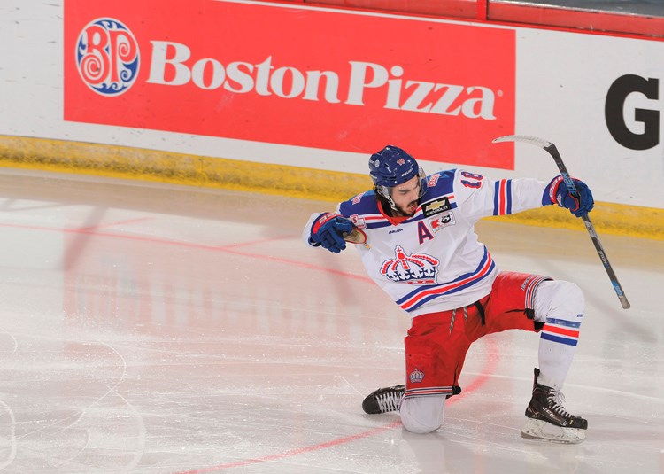 Spruce Kings winger Ben Brar celebrates his power-play goal against the Ottawa Junior Senators 36 seconds into the second period Monday at the national junior A hockey championship in Brooks, Alta.