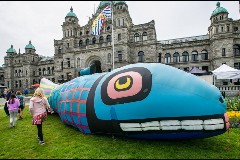 A wild salmon inflatable is displayed on the lawn of the B.C. legislature for Wild Salmon Day on Thursday, May 16, 2019.