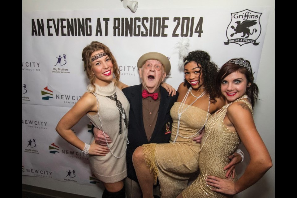 Griffins Boxing club members Carla Hensel, Simone Carriere and Keely Hepburn glam it up with former Canadian champ Norman Gautreau at one of the club’s Evening at Ringside events. The club will hold a celebration of life for Gautreau May 26. photo supplied