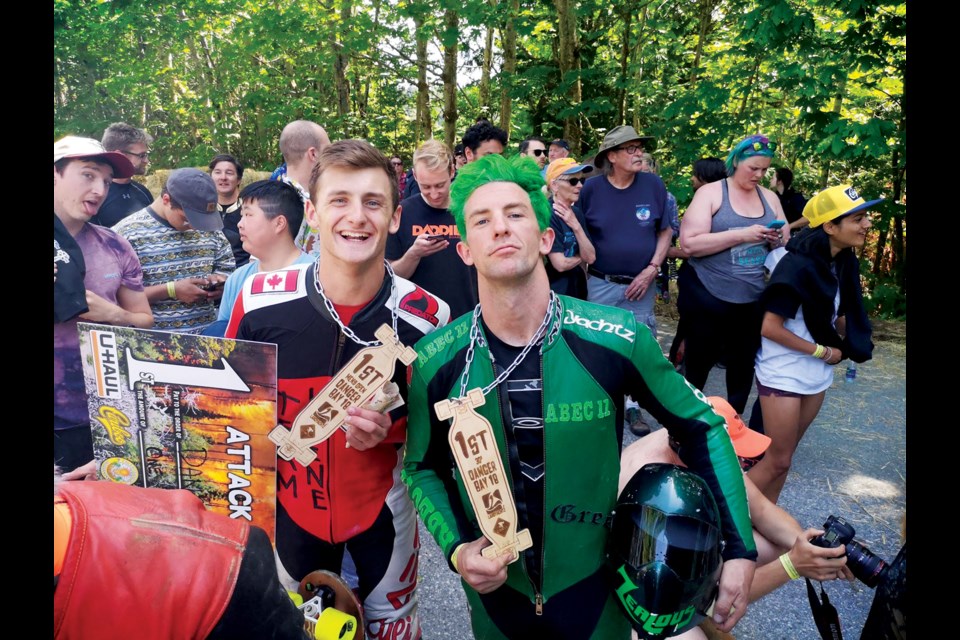 ‘Danger’ Dane Hanna (left), winner of Attack of Danger Bay for the second year in a row, with Scott ‘Scoot’ Smith, who won in the Dirty Thirties category. Both men are Pender Harbour locals.