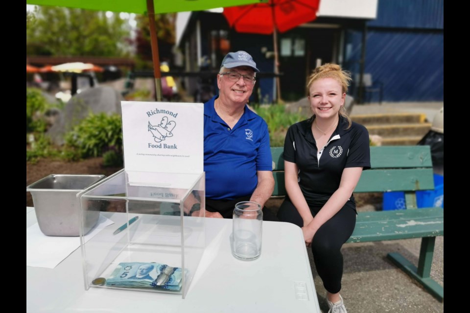 May 5 to 11 was Richmond Food Bank Week at Mylora Golf Course, where $284 cash and 587 pounds of food items were donated.Mylora’s Maya Staniford is pictured with a food bank volunteer. Photo submitted