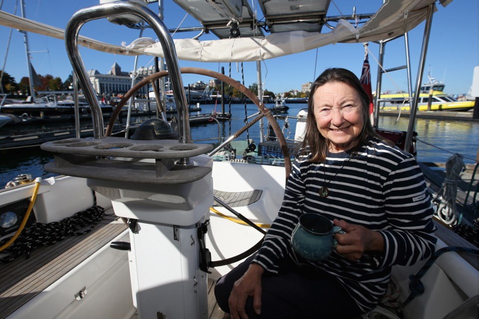 Jeanne Socrates aboard her sailboat Nereida at Victoria's Inner Harbour before the start of her journey, in September 2018.