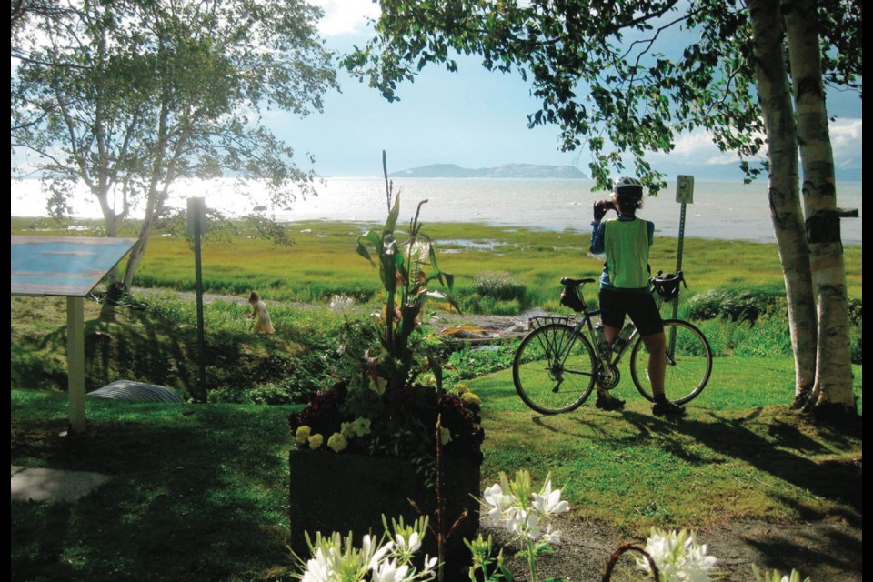 A cyclist takes in the St. Lawrence vista at Notre-Dame-du-Portage, Que. The panorama of river, sky and gardens is all part of the magic of cycling the Route Verte network in Quebec.