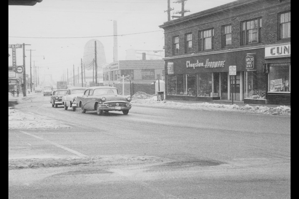 Clugston Hardware and Cunningham Drugs on Hudson Street at the corner of SW Marine Drive, 1956. Photo: © K.E. Eiche