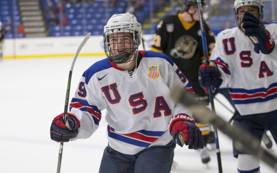 Cole Caufield celebrates one of his many goals for the USDP.