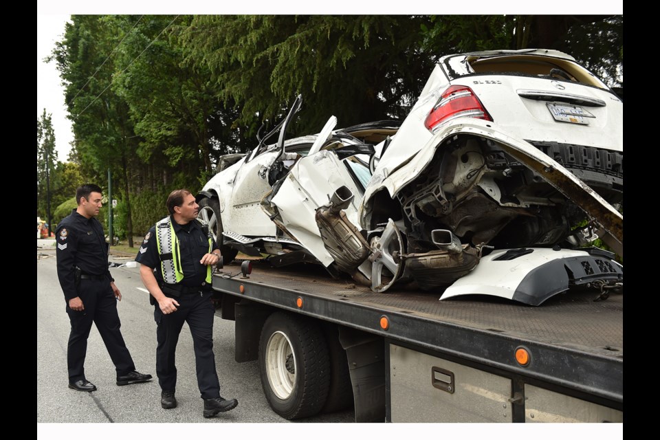 A Surrey man is in hospital with life-threatening injuries after a serious crash early Wednesday morning at the intersection of West 49th Avenue and Oak Street. Photo Dan Toulgoet