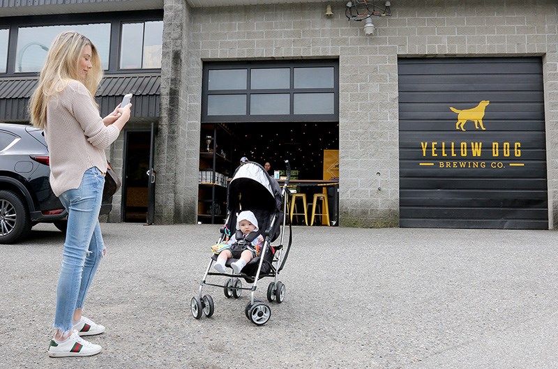 MARIO BARTEL/THE TRI-CITY NEWS Angela Teymoori turns her arrival at the Tri-Cities Babies + Beer meetup at Yellow Dog Brewing in Port Moody into an Instagrammable moment with her son, Darius, who's five months old.