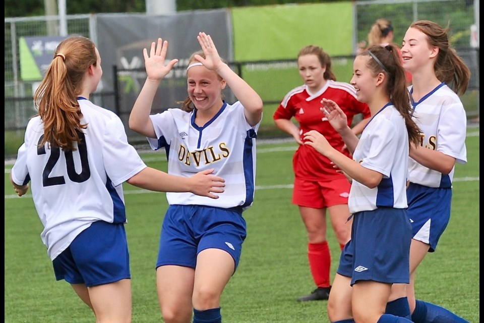 South Delta Sun Devils celebrate a goal against Claremont on their way to a fifth place finish at the 16-team B.C. AAA Soccer Championships.