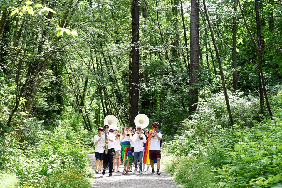 The Noxious Obs rehearse in Glenbrook Ravine. The New Westminster marching band will lead procession into the ravine for a New West Midsummer Night's Dream, a solstice-related night of arts on June 23.