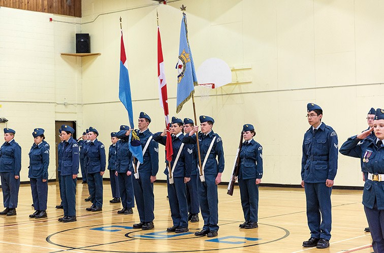 The flag party stands in formation on Tuesday evening at Connaught Youth Centre during the 71st Annual Ceremonial Review of the 396 City of Prince George Royal Canadian Air Cadets Squadron. Citizen Photo by James Doyle