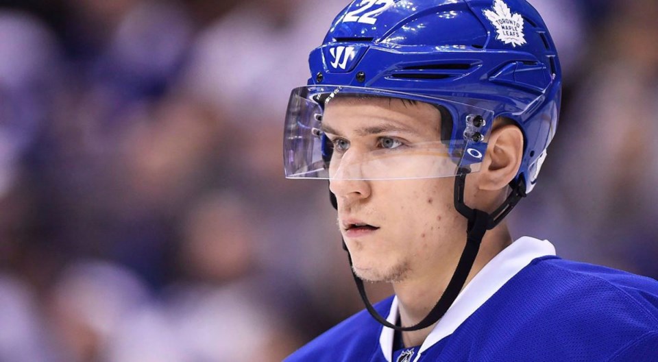 Nikita Zaitsev looks off into the distance and ponders his existence for the Toronto Maple Leafs.