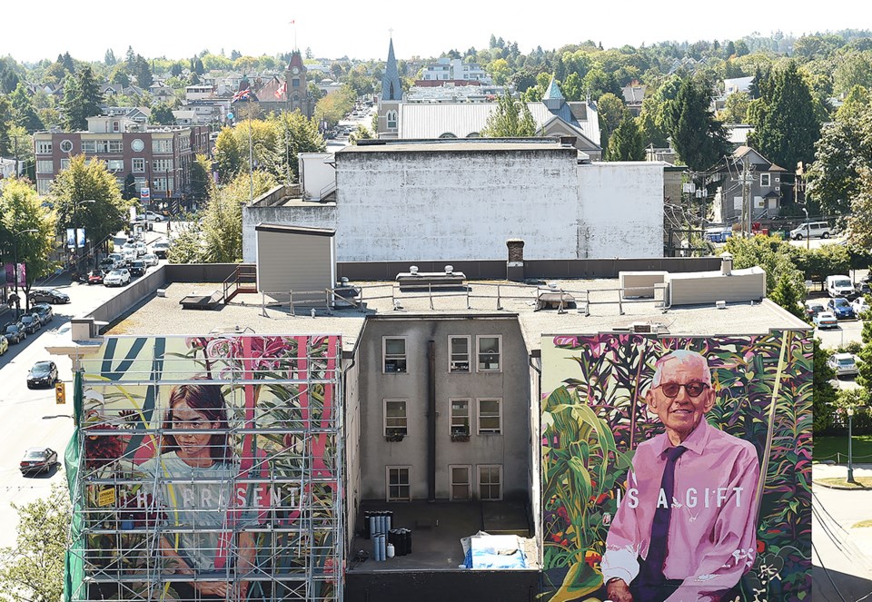 The view of two murals, Belvedere Court, Main Street and 10th Ave. Take from atop the Lee Building.