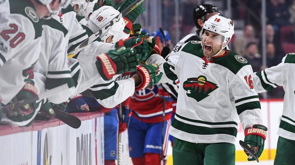 Jason Zucker celebrates a goal for the Minnesota Wild.