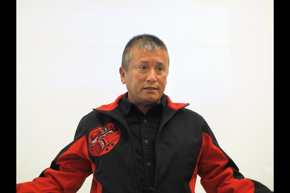 Kwikwetlem Coun. George Chaffee speaks to a group gathered at a town hall meeting in Coquitlam Saturday, June 8, to contribute ideas to Canada's Green New Deal