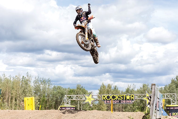 Jess Pettis pumps his fist after winning the first 250 Pro Moto at the Blackwater Motocross Track on Saturday afternoon during Round 2 of the Rockstar Energy Motocross Tour. Citizen Photo by James Doyle