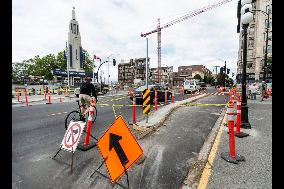 A construction zone to create new bike lanes is changing traffic patterns at the intersection of Government, Wharf and Humboldt streets. Major changes for the area include separated bike lanes along Wharf and the introduction of a scramble crosswalk at Government and Humboldt.
