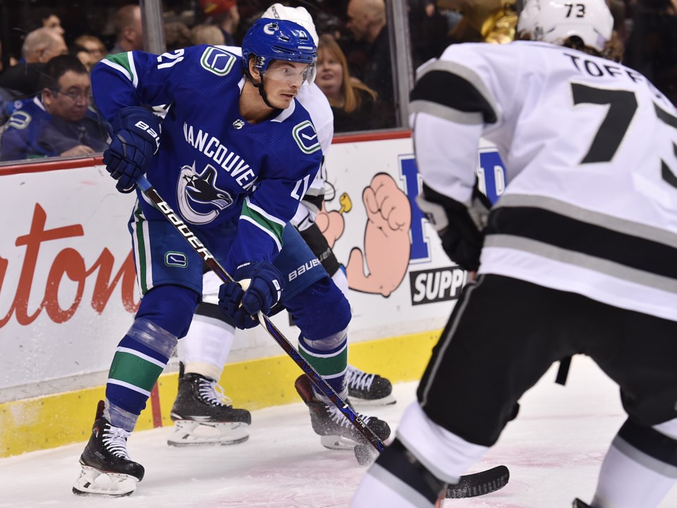 Vancouver Canucks' Loui Eriksson battles for the puck against the Los Angeles Kings.