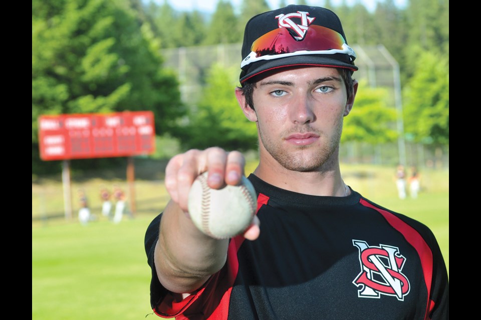 Adam Maier of the North Shore Twins put in a gripping performance recently, throwing a perfect game with 11 strikeouts on the road against the Langley Blaze May 29. photo Paul McGrath, North Shore News