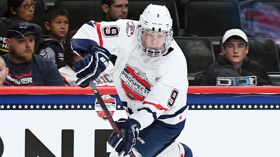 Matthew Boldy moves the puck up ice at the USA Hockey All-American Prospects Game.