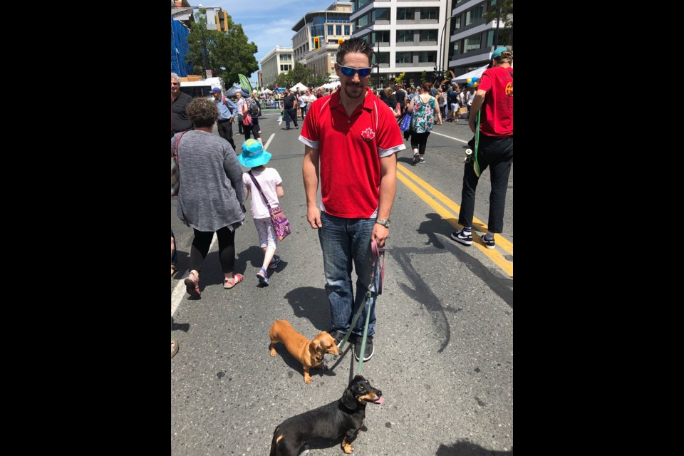 Jon Wilson's dachshund duo — Bowzer and Emma — drew lots of attention, Car Free YYJ was simply a bonus that he came across while taking his dogs for a walk.