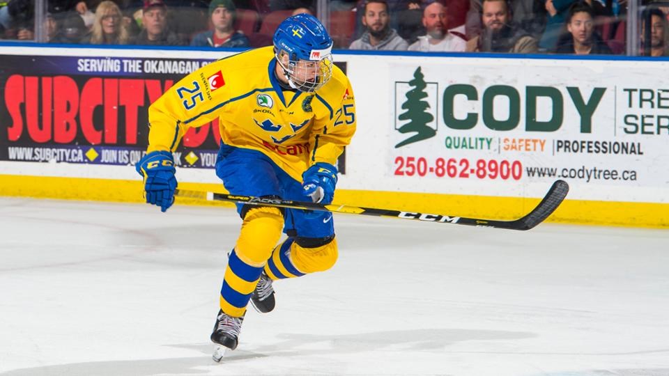 Philip Broberg skates up the ice for Sweden.