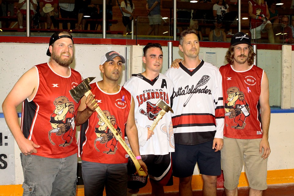 Delta Islanders assistant captain Brayden Kirk accepted the inaugural Thomas Haydon Memorial Award on Saturday night at the Ladner Leisure Centre. Presenting the award are (left to right) Trent Smalley, Gary Bining, Thomas' brother Adam Haydon and Russell Marynowski.