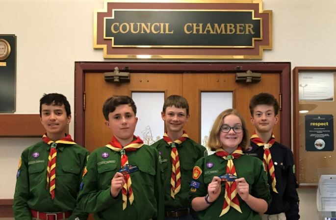 Local scouts recently spoke to city council about the possibility of borrowing a city flag that their troop could fly at Pacific Jamboree on Vancouver Island this summer. From left, Max Rideout, Oliver Hammond, Andrew Murray, Sophia Killawee and Sam Killawee.