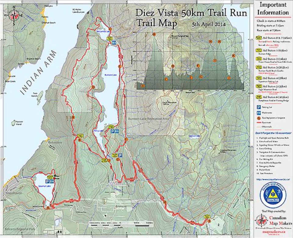 Chapman has produced dozens of paper maps, including this trail running map in the Buntzen Lake area