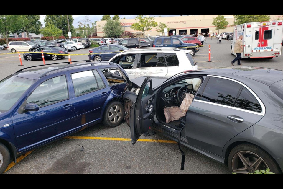 This picture shows the crash in Costco on Thursday evening. It's understood that the car on the right belonged to the drive who suffered the medical emergency. Photo submitted by Ofra