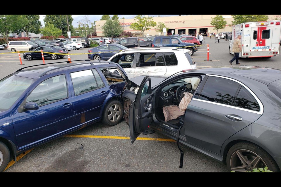 This picture shows the crash in Costco on Thursday evening. It's understood that the car on the right belonged to the drive who suffered the medical emergency. Photo submitted by Ofra