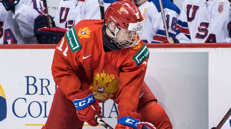 Vasili Podkolzin along the boards for Team Russia.