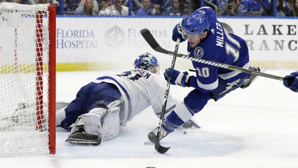 J.T. Miller drives the net for the Tampa Bay Lightning.