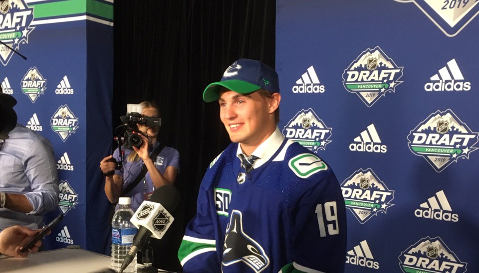 Nils Hoglander speaks to the media after getting picked by the Canucks.