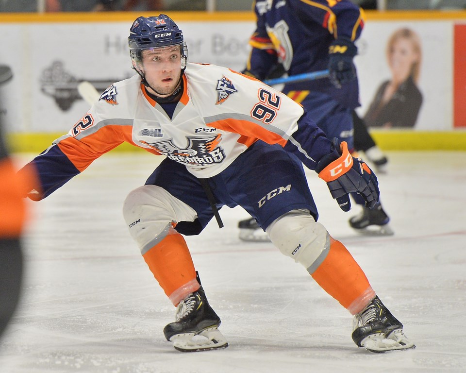 Ethan Keppen defends in his own zone for the Flint Firebirds.