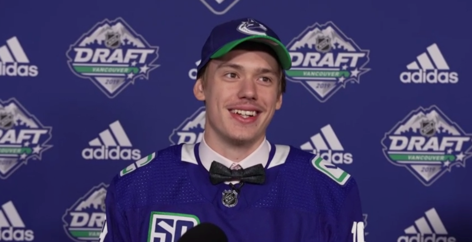 Arturs Silovs talks to the media after he was drafted by the Vancouver Canucks.