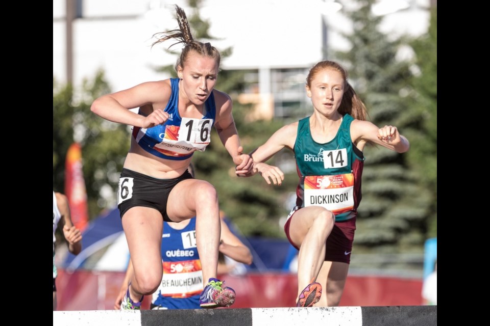 New West's Grace Fetherstonhaugh, shown above left clearing the steeplechase during the 2017 Canada Summer Games, wrapped up her first year at Oregon State University by smashing the school's record in the 3000-metre steeplechase. She posted a time of 10:03.13 at the NCAA west preliminary championships last month.