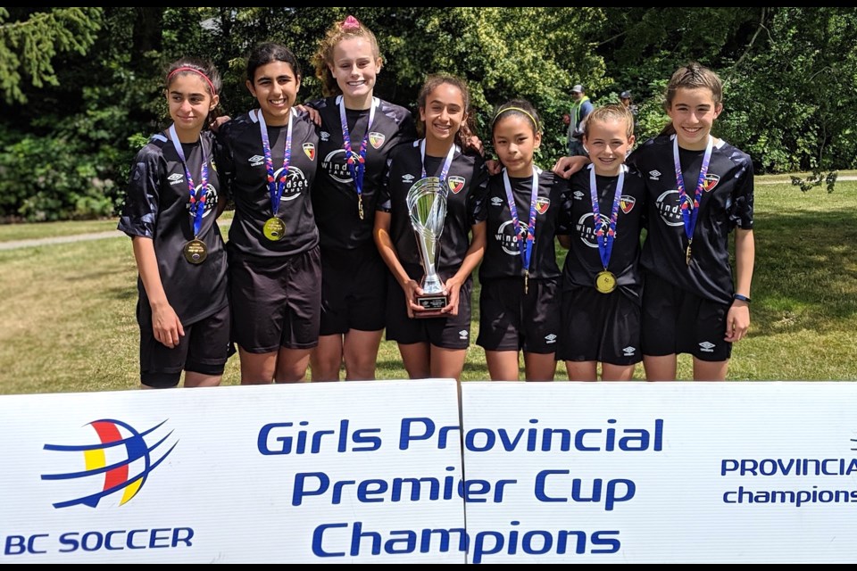 U13 Fusion is Provincial Premier Cup champions after a hard-fought 1-0 win over Coastal FC on Sunday at Cloverdale Athletic Park. The roster included seven Richmond players including (left to right) Maram Bilal, Jessica Dulay, Kaija Rutledge, Aaria Johal, Olivia Gomez, Brooke Viccars and Emma Yee.