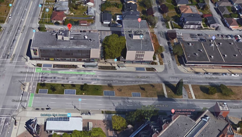 Existing buildings on the corner of Cambie and 41st Avenue. Google maps