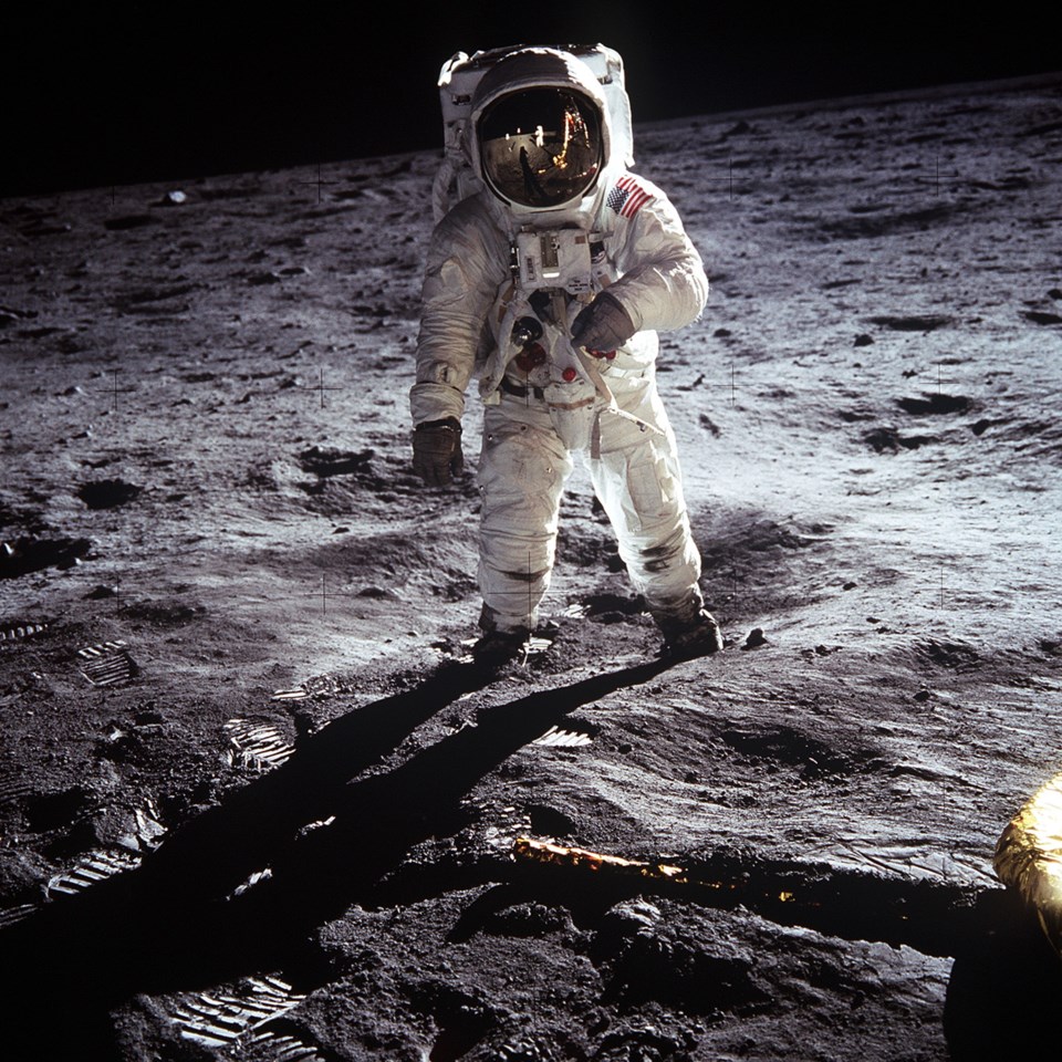 Astronaut Buzz Aldrin, lunar module pilot, walks on the surface of the moon during the Apollo 11 mis